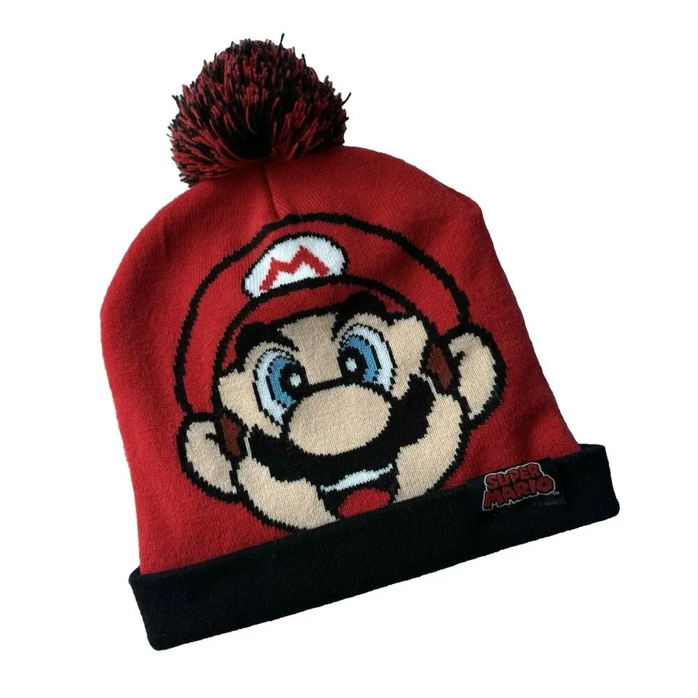 Super Mario Brothers Beanie Winter Hat Red Nintendo Stretch One Size Fits Most